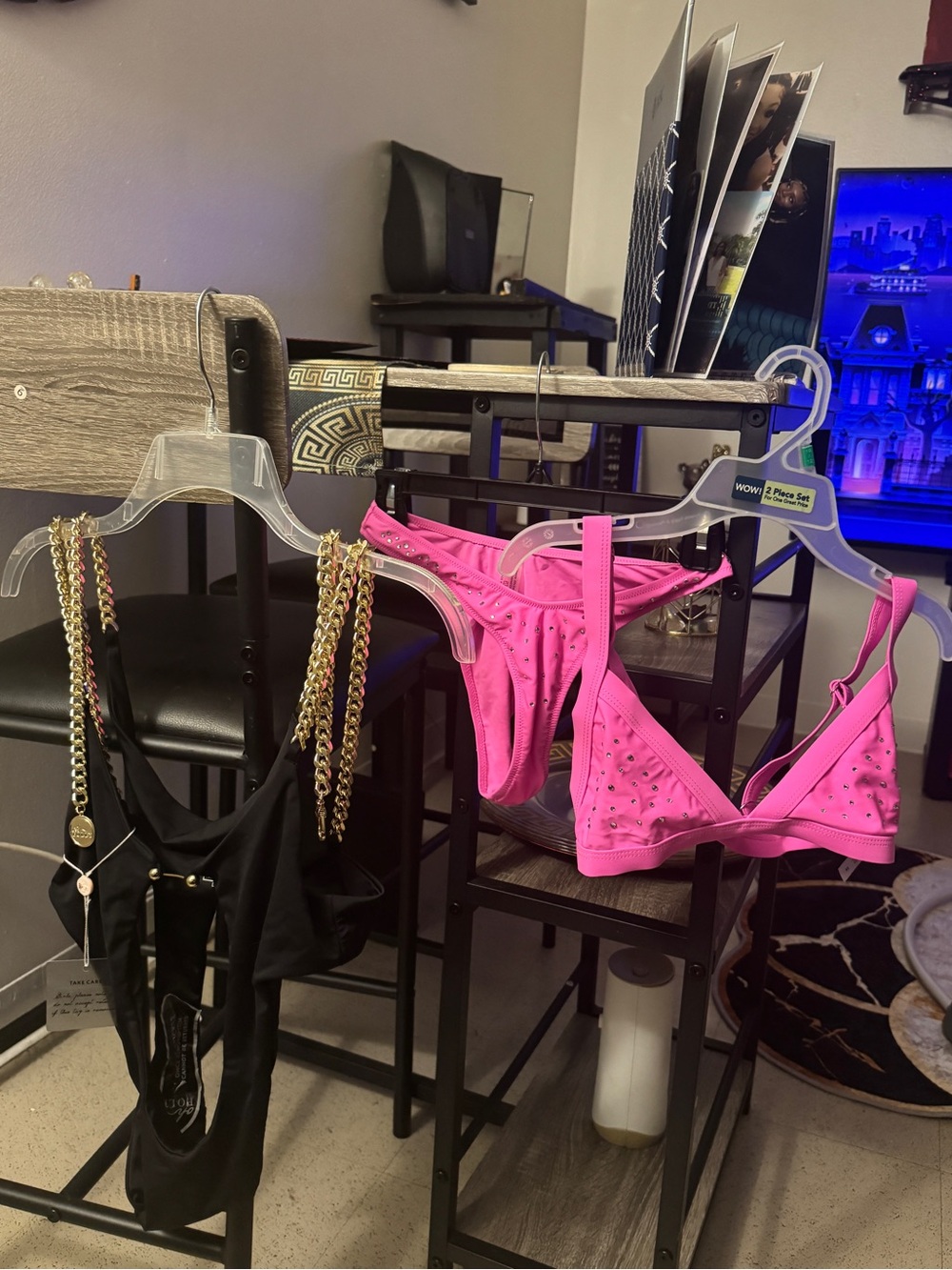 Bundle of Monokini Deep V Neck Bodysuit Cut Out One PieceChain And pink Bikini